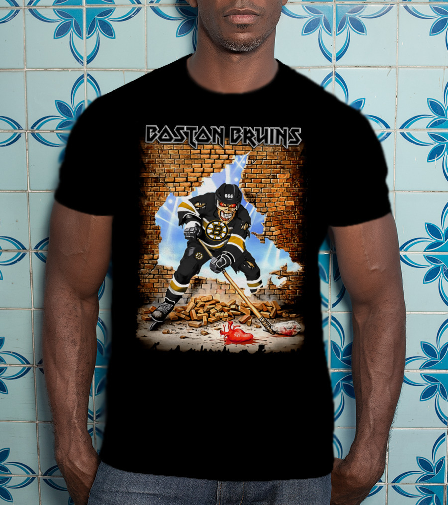 Boston Bruins Hockey Player Breaking Through Brick Wall T-Shirt