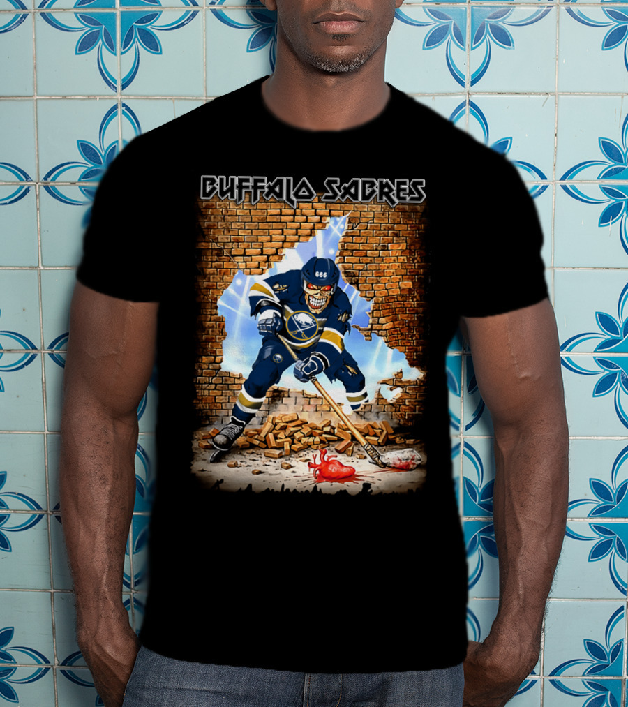 Buffalo Sabres Skeleton Hockey Player Breaking Brick Wall T-Shirt