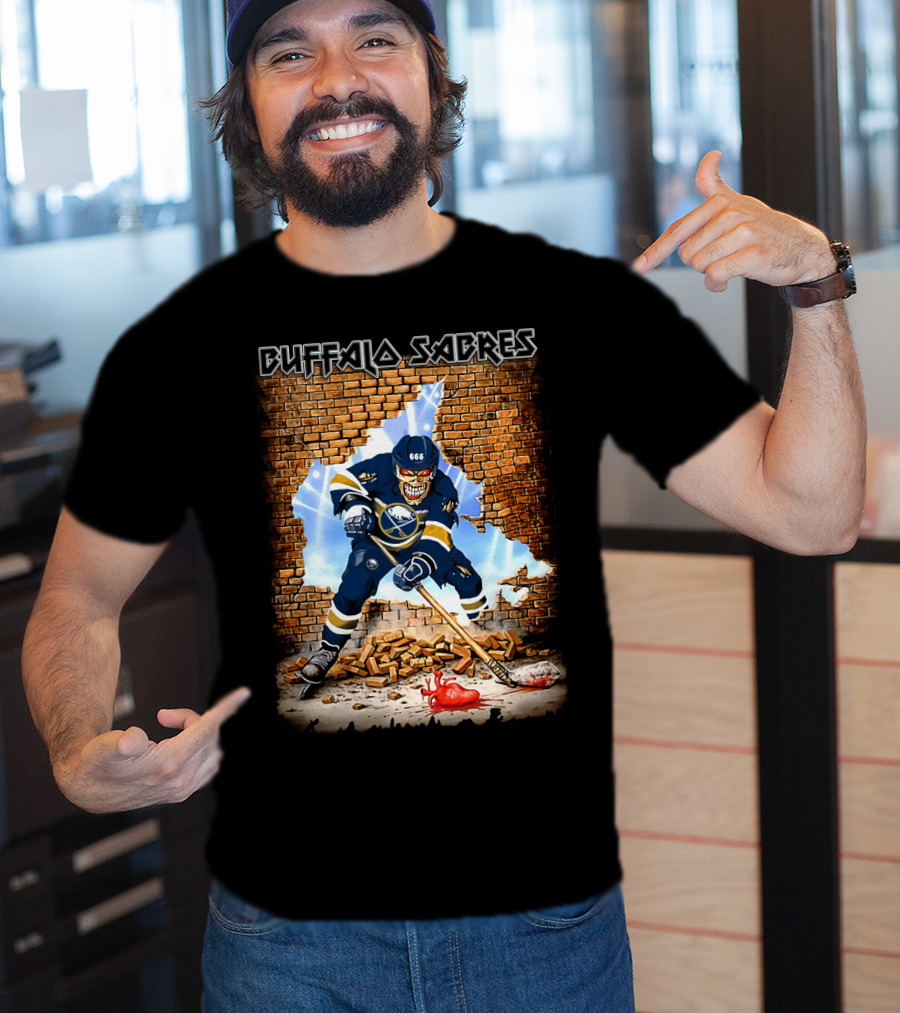 Buffalo Sabres Skeleton Hockey Player Breaking Brick Wall T-Shirt