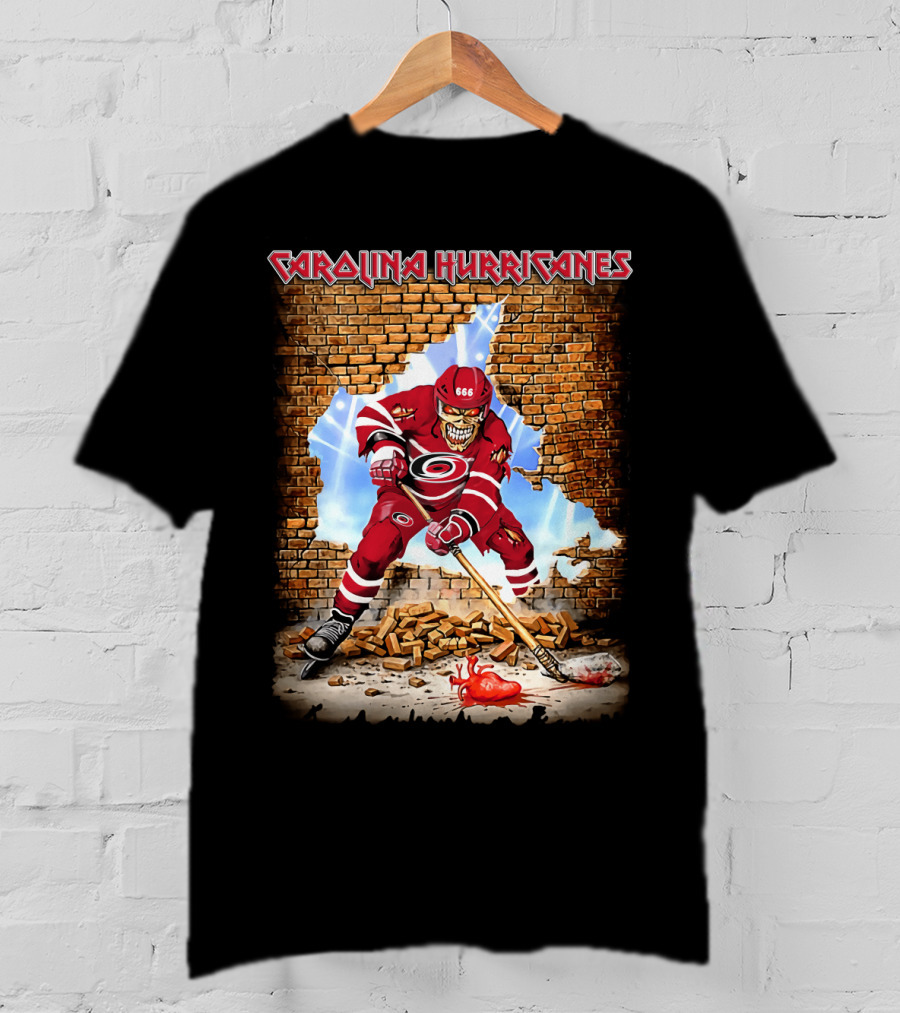 Carolina Hurricanes Skeleton Hockey Player Brick Wall T-Shirt