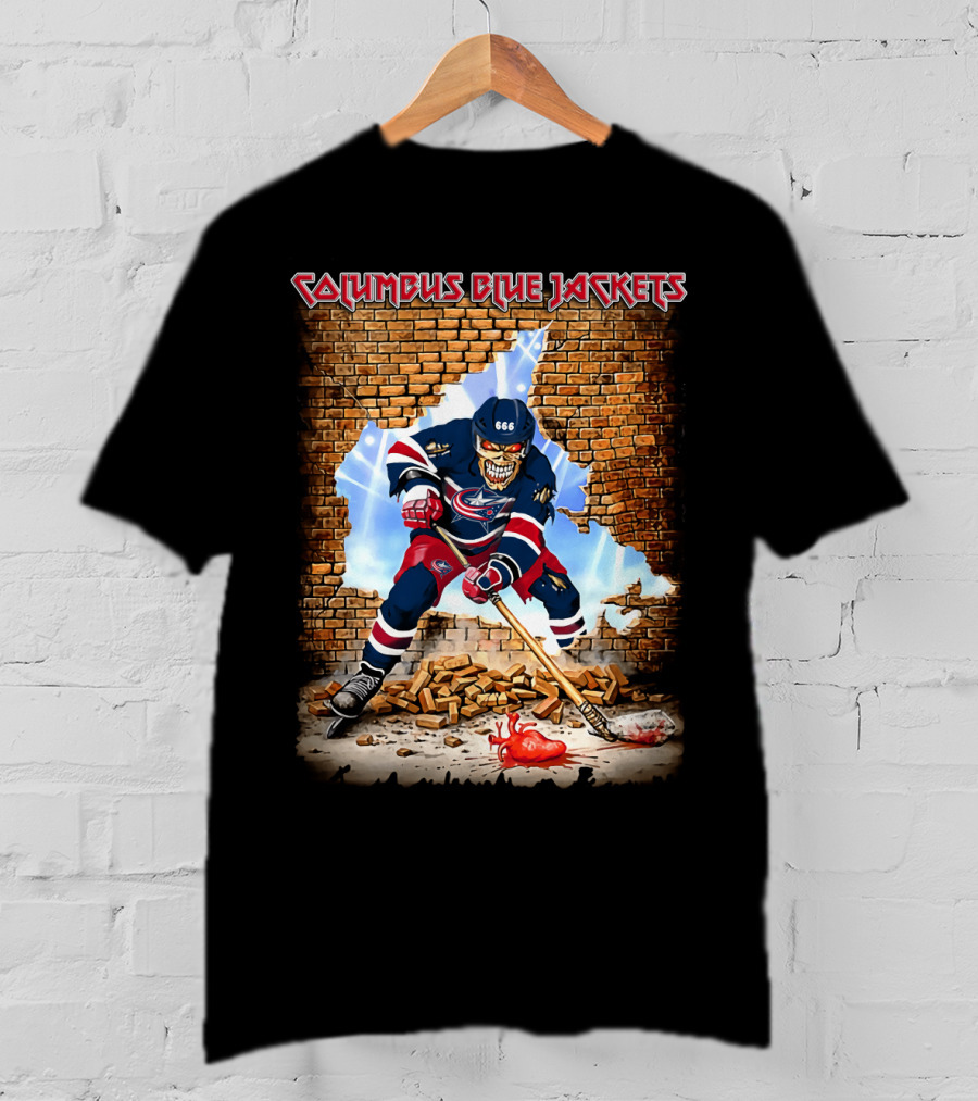 Columbus Blue Jackets Skeleton Hockey Player Breaking Brick Wall T-Shirt