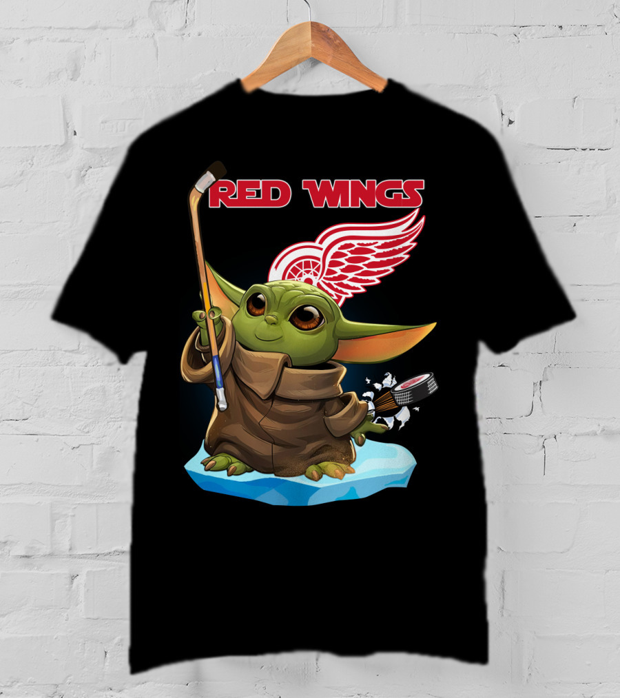 Red Wings Baby Yoda Hockey Stick NHL Frozen Puck T-Shirt