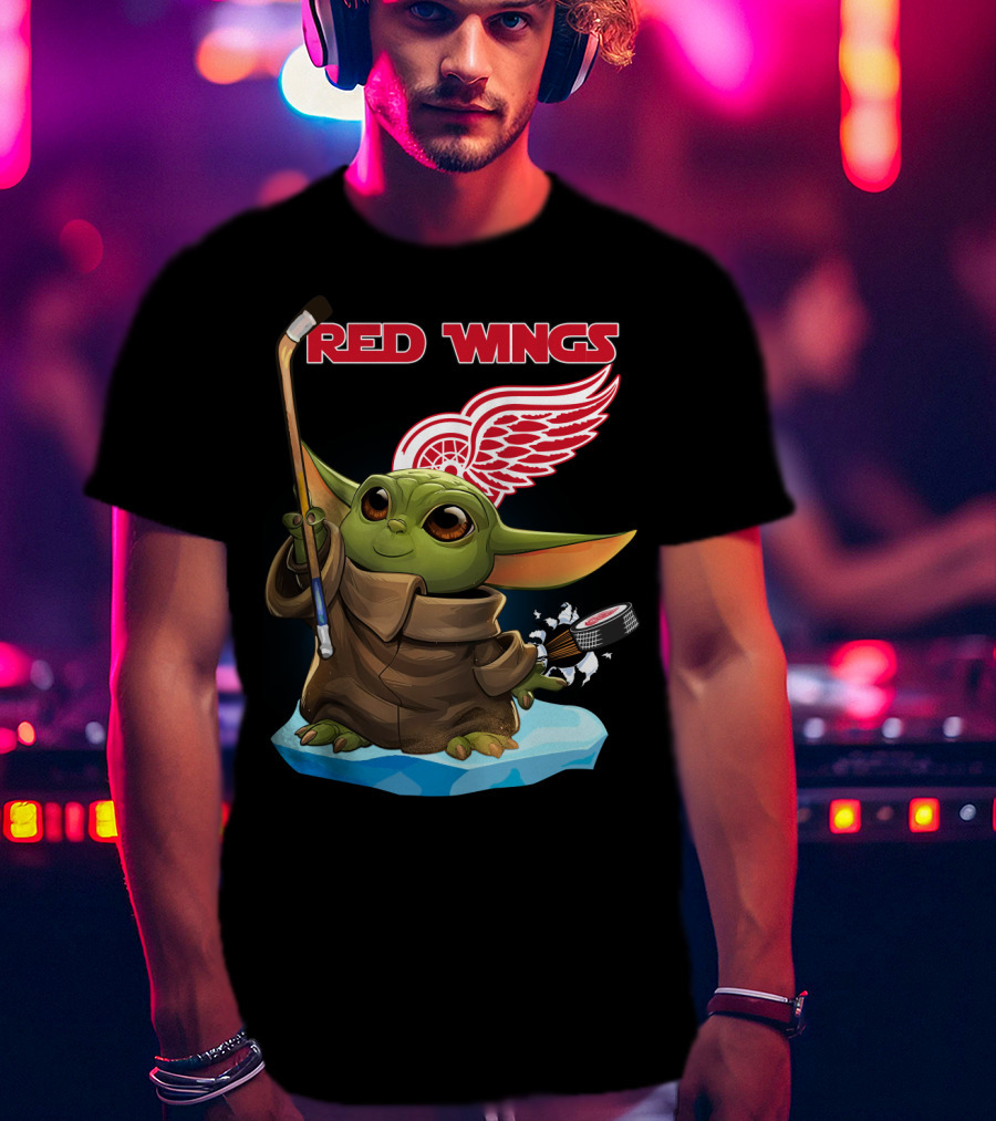 Red Wings Baby Yoda Hockey Stick NHL Frozen Puck T-Shirt