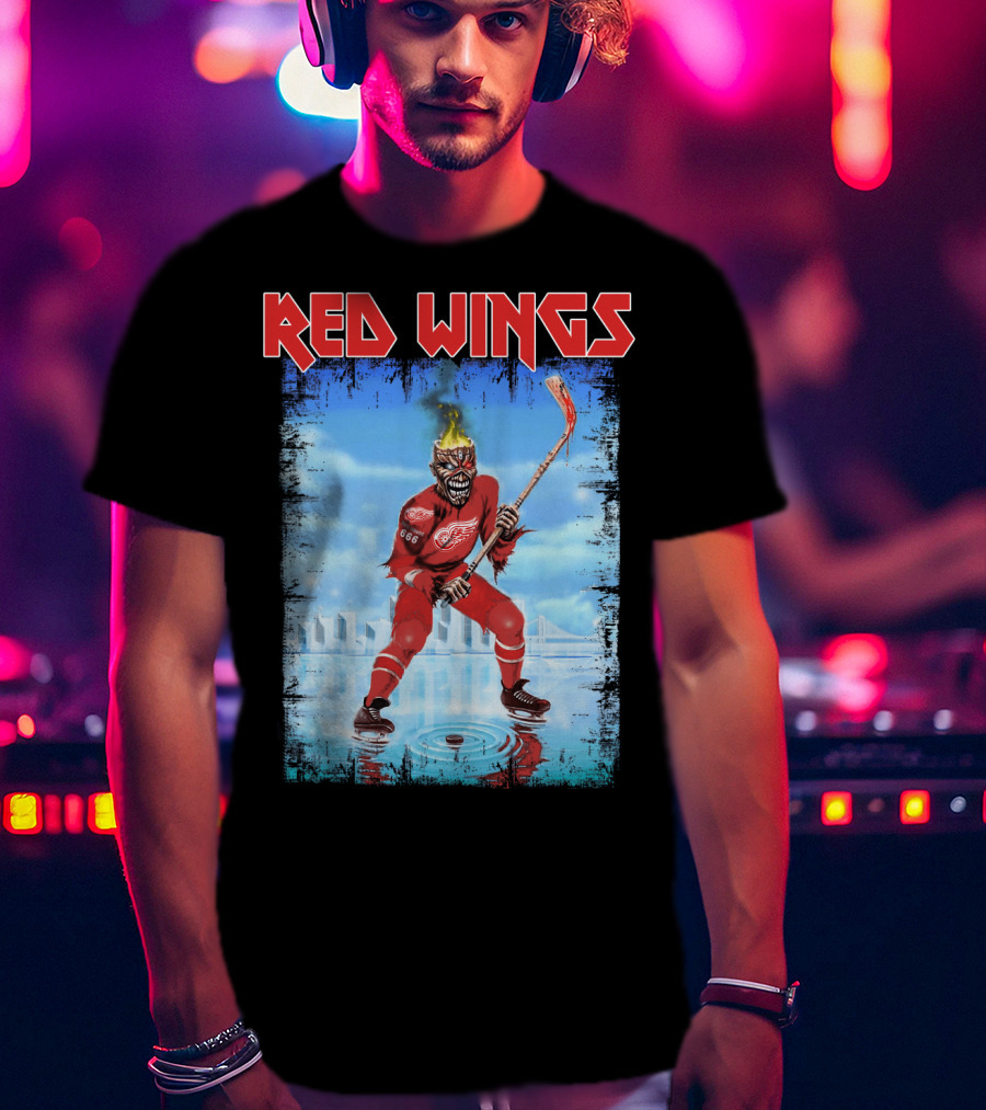 Red Wings Flaming Demon Hockey Player On Ice With Detroit Cityscape T-Shirt