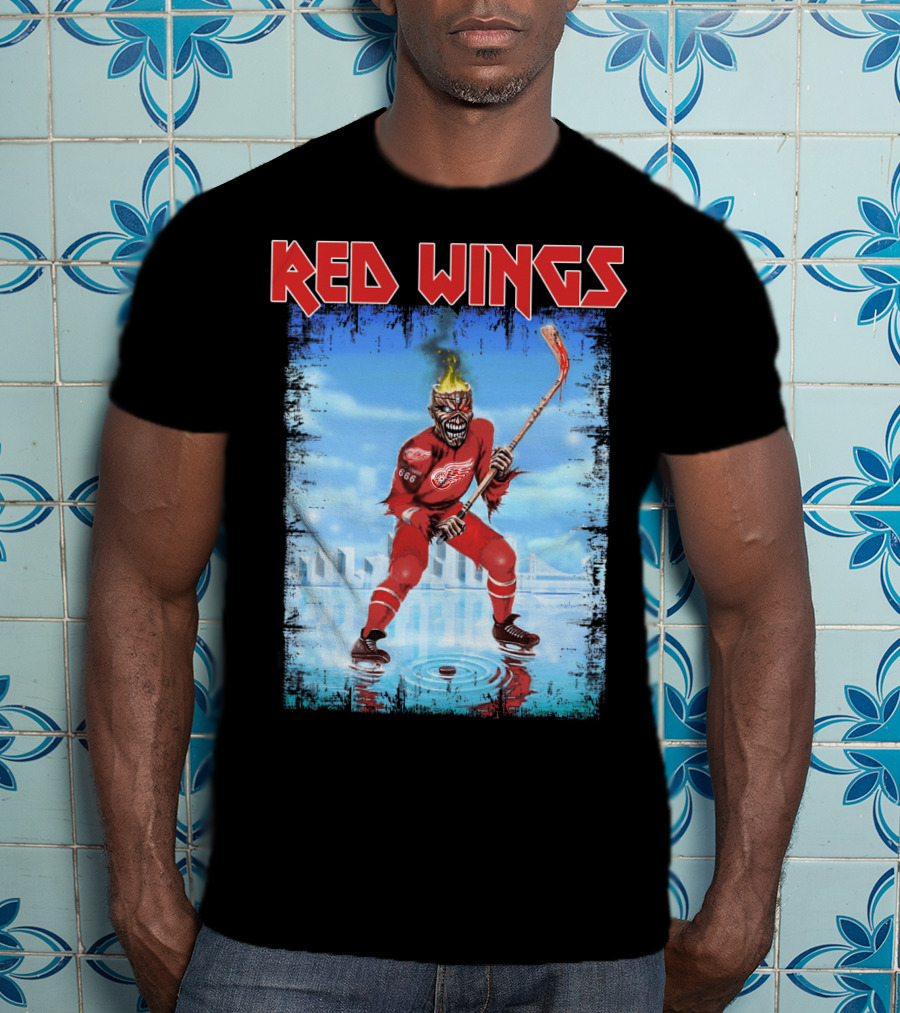Red Wings Flaming Demon Hockey Player On Ice With Detroit Cityscape T-Shirt