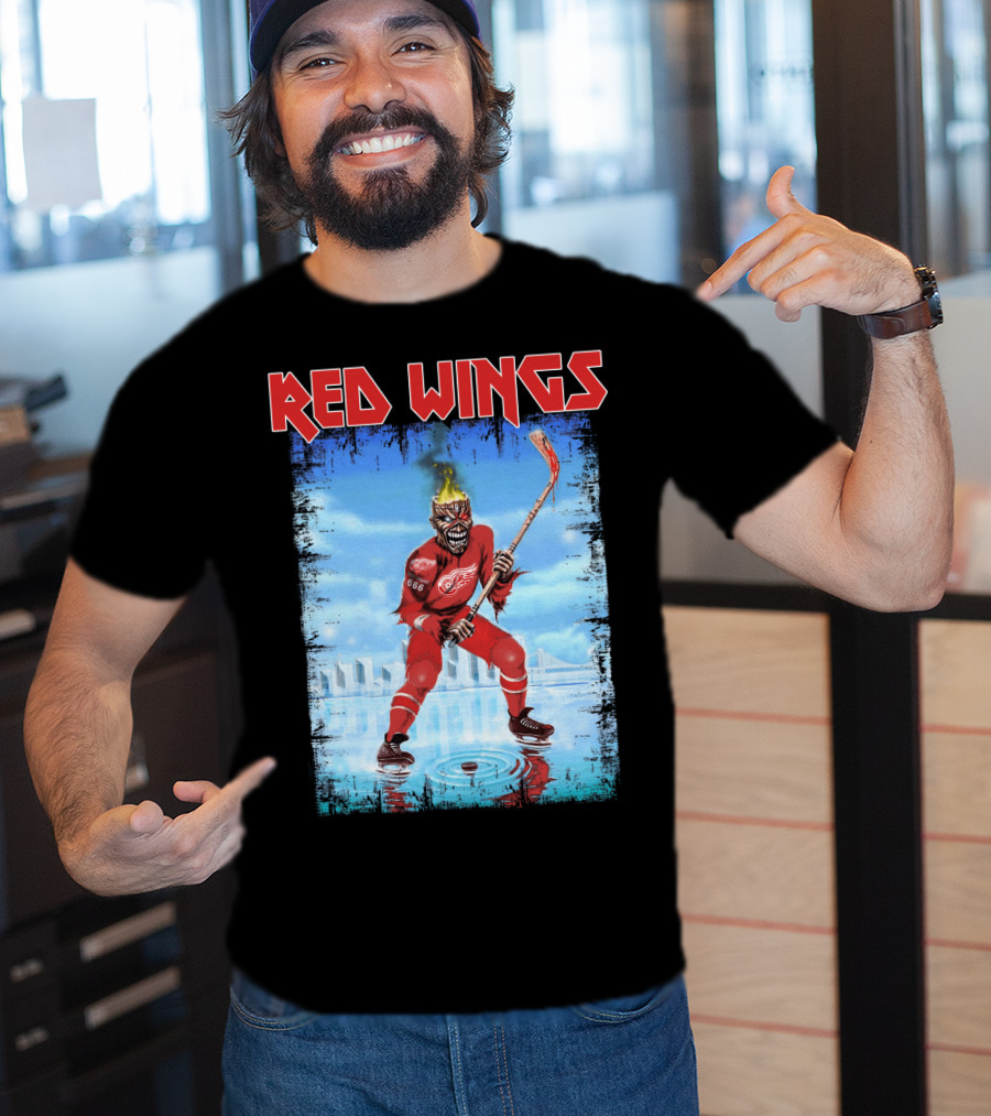 Red Wings Flaming Demon Hockey Player On Ice With Detroit Cityscape T-Shirt