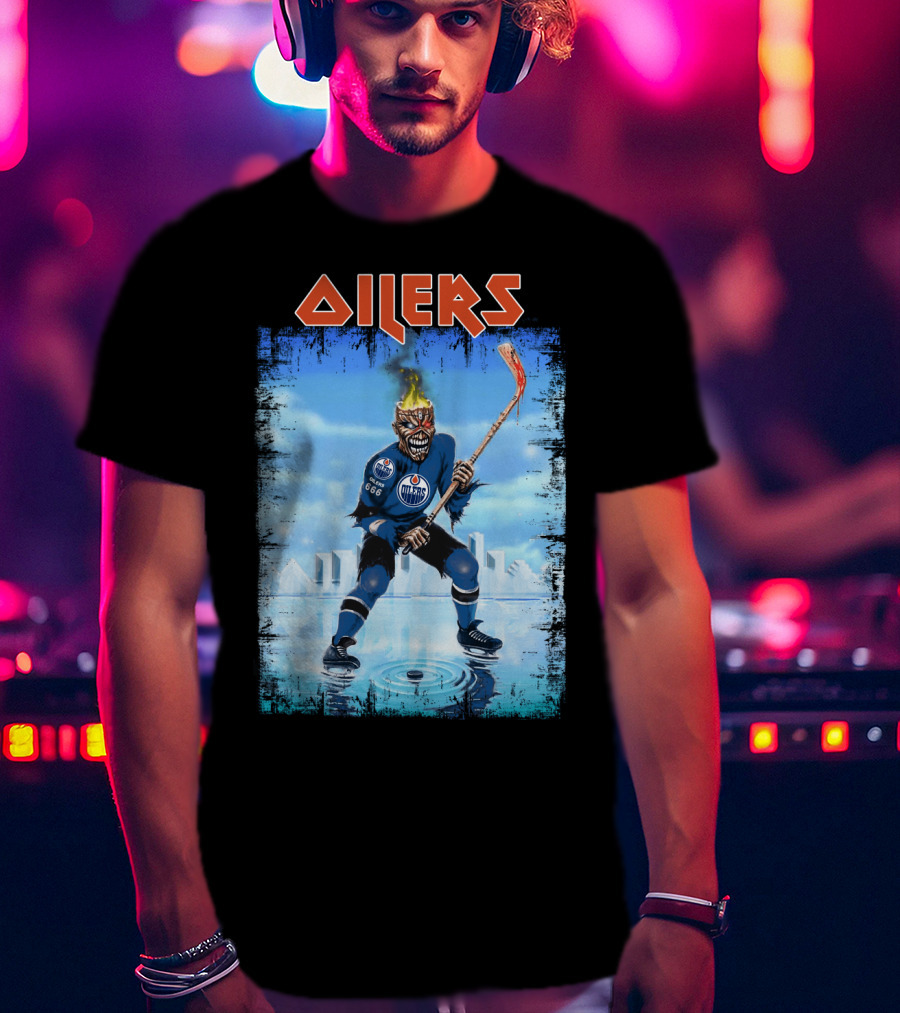 Oilers Edmonton Hockey Player With Fiery Skull And Hockey Stick T-Shirt