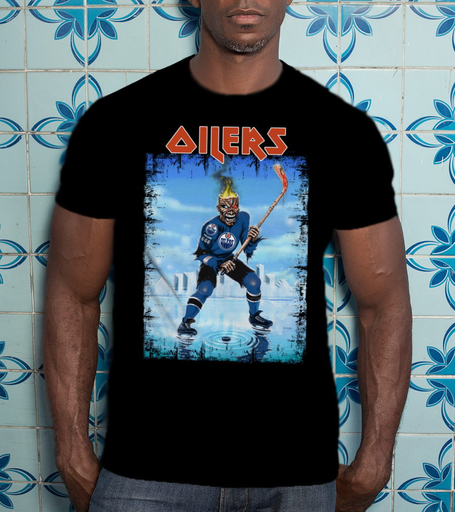 Oilers Edmonton Hockey Player With Fiery Skull And Hockey Stick T-Shirt