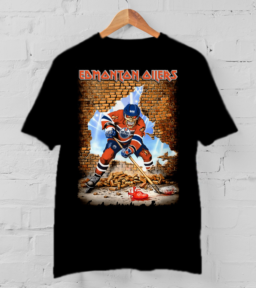 Edmonton Oilers Hockey Skeleton Breaks Through Brick Wall T-Shirt