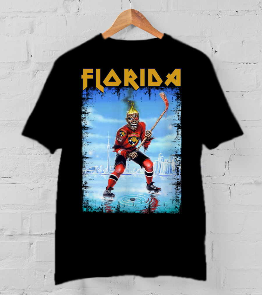 Florida Panthers Hockey Florida Ice Skeleton Hockey Player Flames T-Shirt