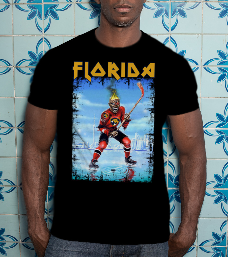 Florida Panthers Hockey Florida Ice Skeleton Hockey Player Flames T-Shirt
