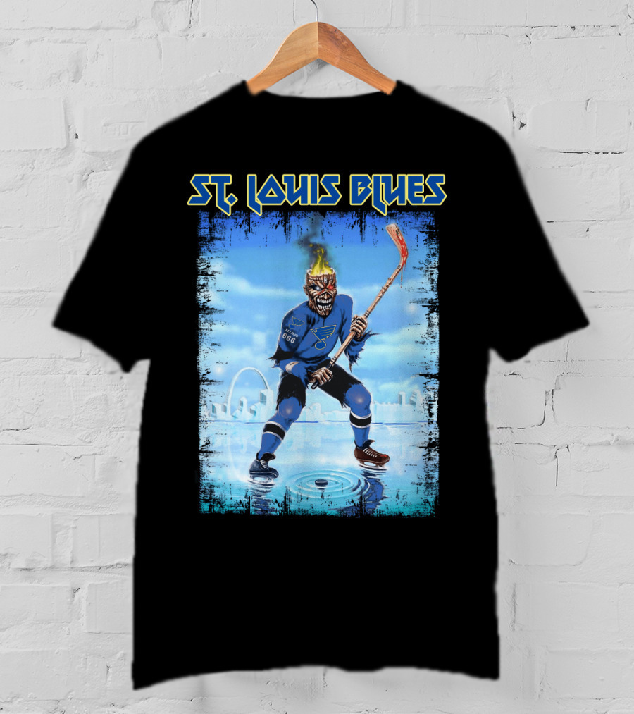 ST. LOUIS BLUES Hockey Player With Fiery Head And Ice Arena Background T-Shirt
