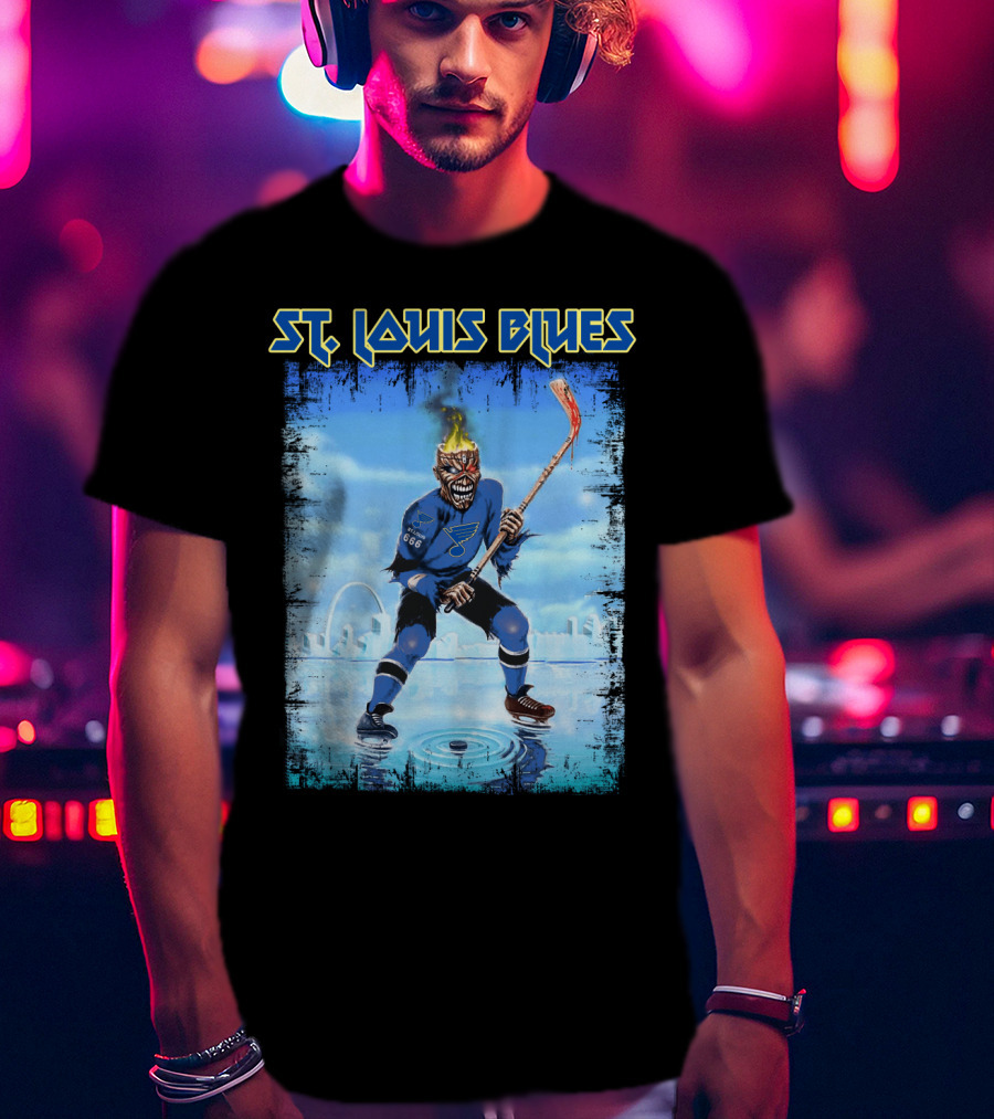 ST. LOUIS BLUES Hockey Player With Fiery Head And Ice Arena Background T-Shirt