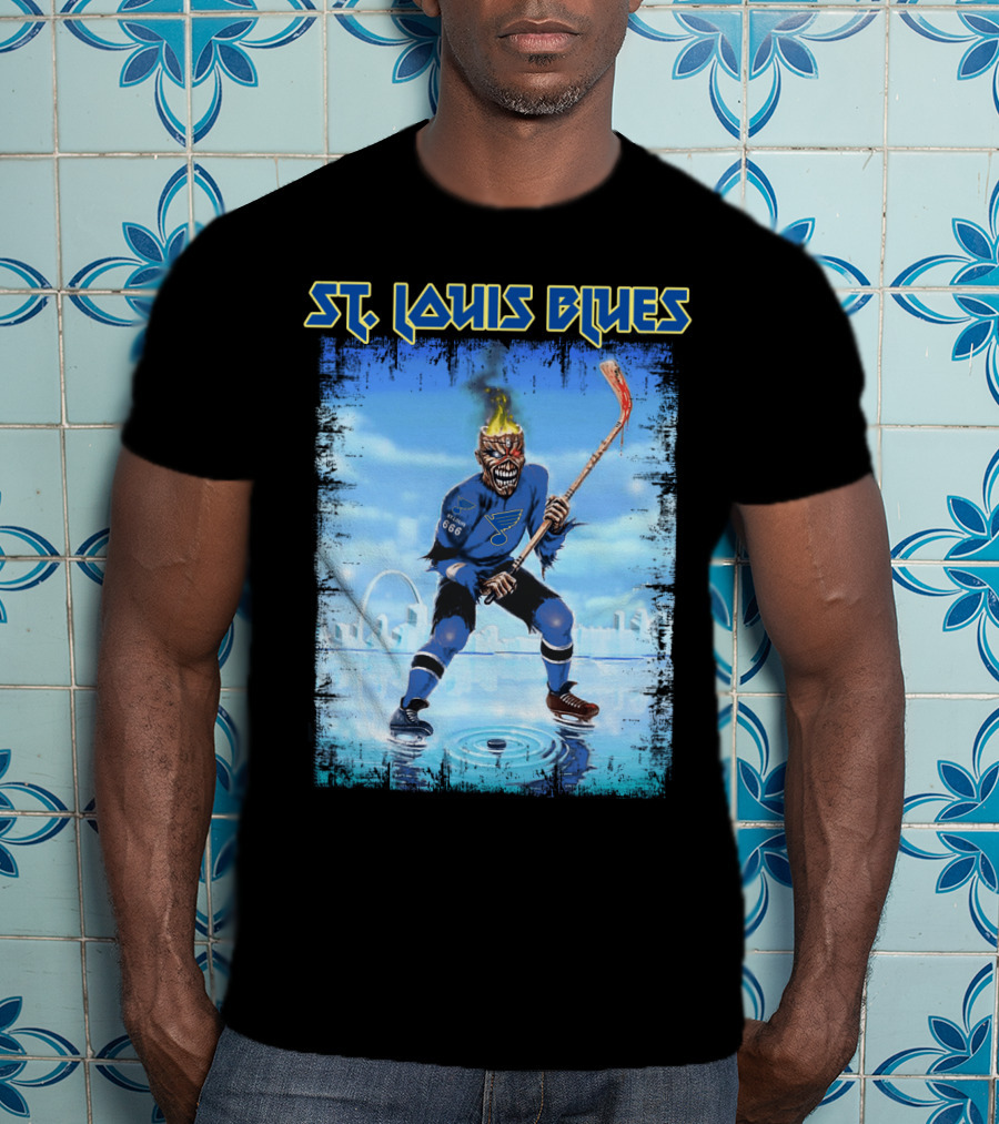 ST. LOUIS BLUES Hockey Player With Fiery Head And Ice Arena Background T-Shirt