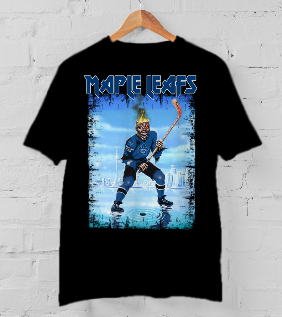 Maple Leafs Hockey Player With Fiery Skull And Hockey Stick On Ice In Front Of City Skyline T-Shirt