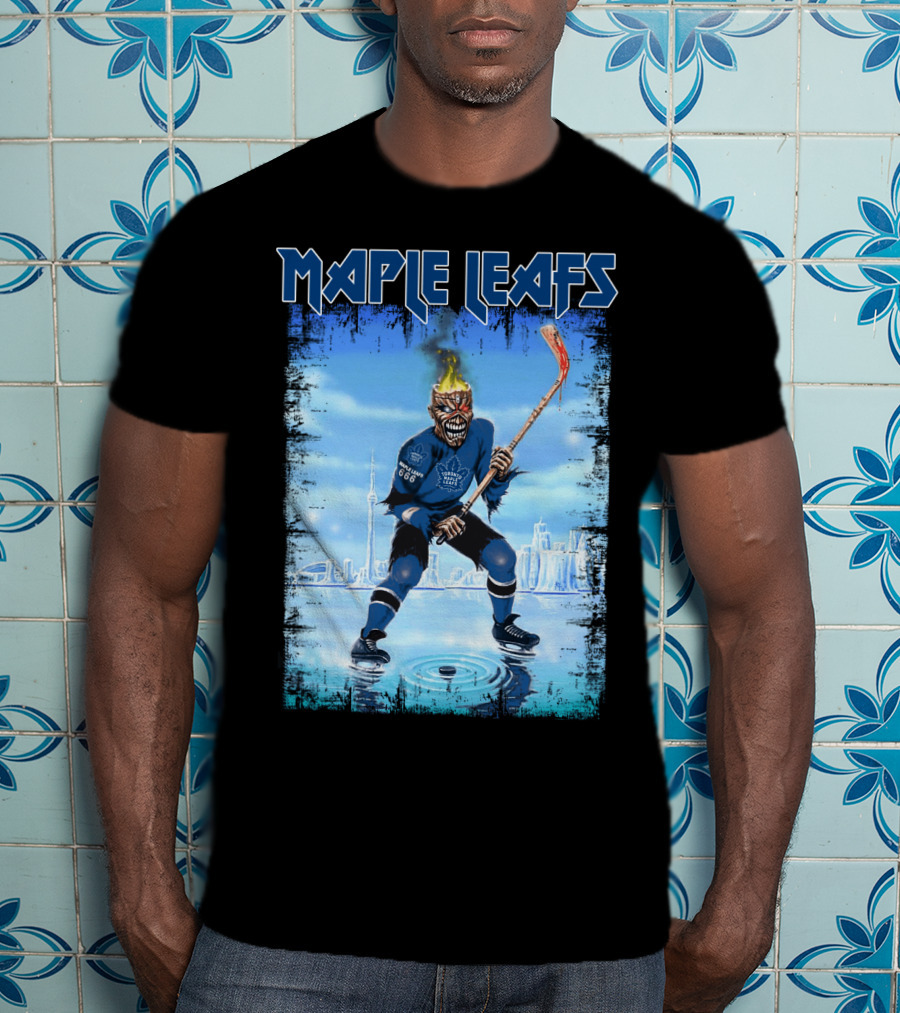 Maple Leafs Hockey Player With Fiery Skull And Hockey Stick On Ice In Front Of City Skyline T-Shirt