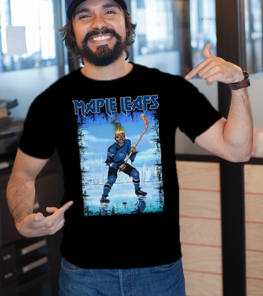 Maple Leafs Hockey Player With Fiery Skull And Hockey Stick On Ice In Front Of City Skyline T-Shirt
