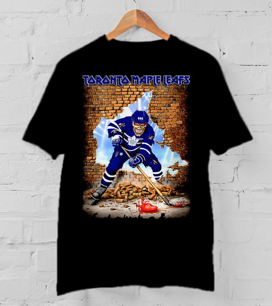 Toronto Maple Leafs Hockey Player Skeleton Breaking Brick Wall T-Shirt
