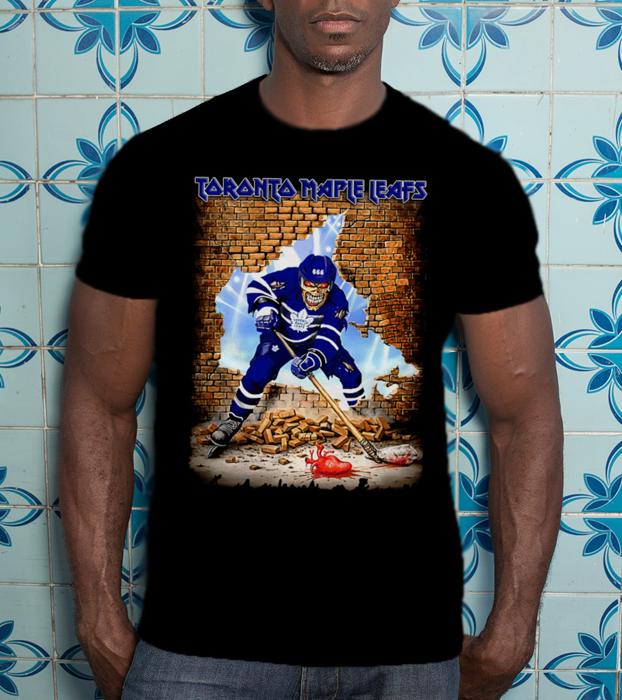 Toronto Maple Leafs Hockey Player Skeleton Breaking Brick Wall T-Shirt