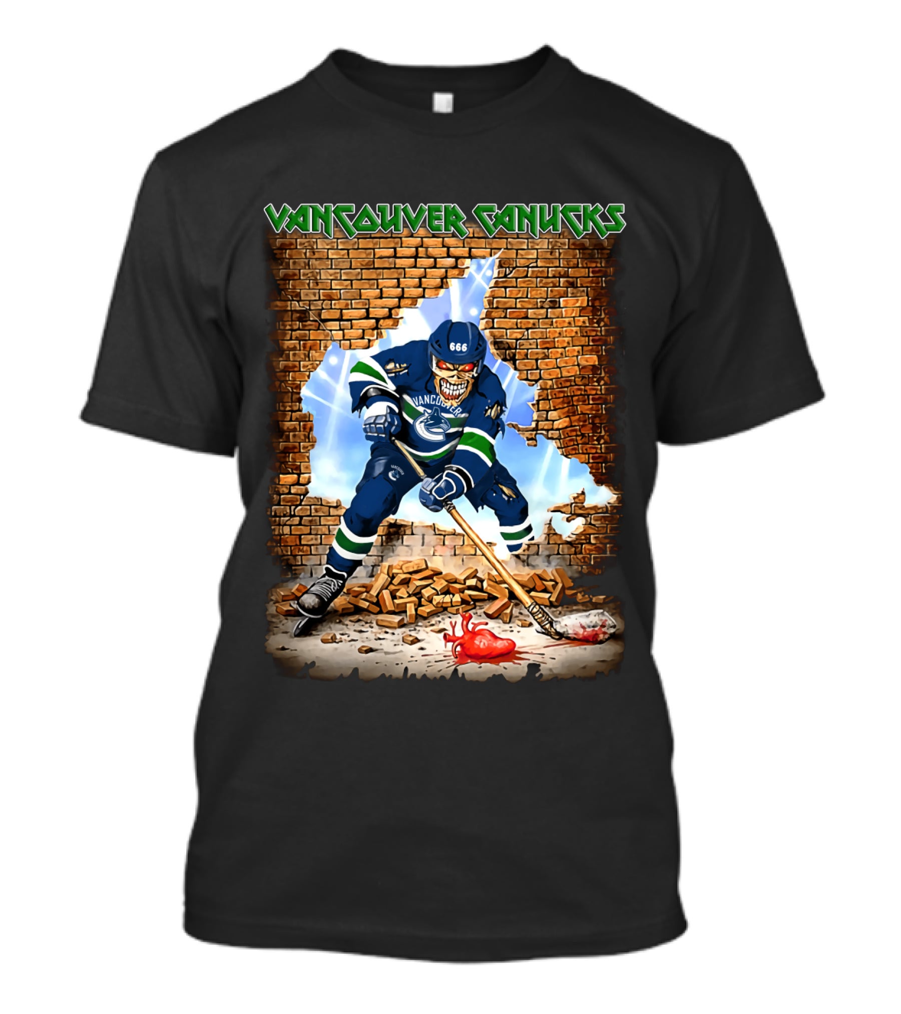 Vancouver Canucks Hockey Player Breaking Through Wall With Skull Mask And 666 Helmet T-Shirt