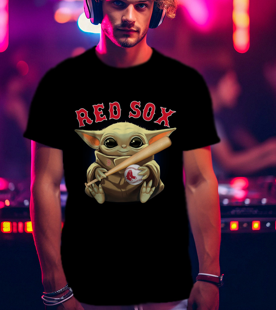 Boston Red Sox Baby Yoda Holding Baseball And Bat T-Shirt