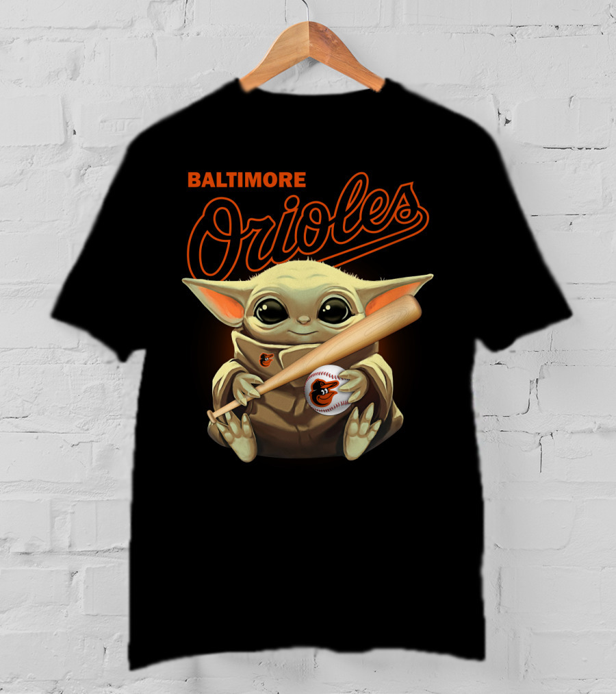 Baltimore Orioles Baby Yoda Holding Baseball And Bat T-Shirt