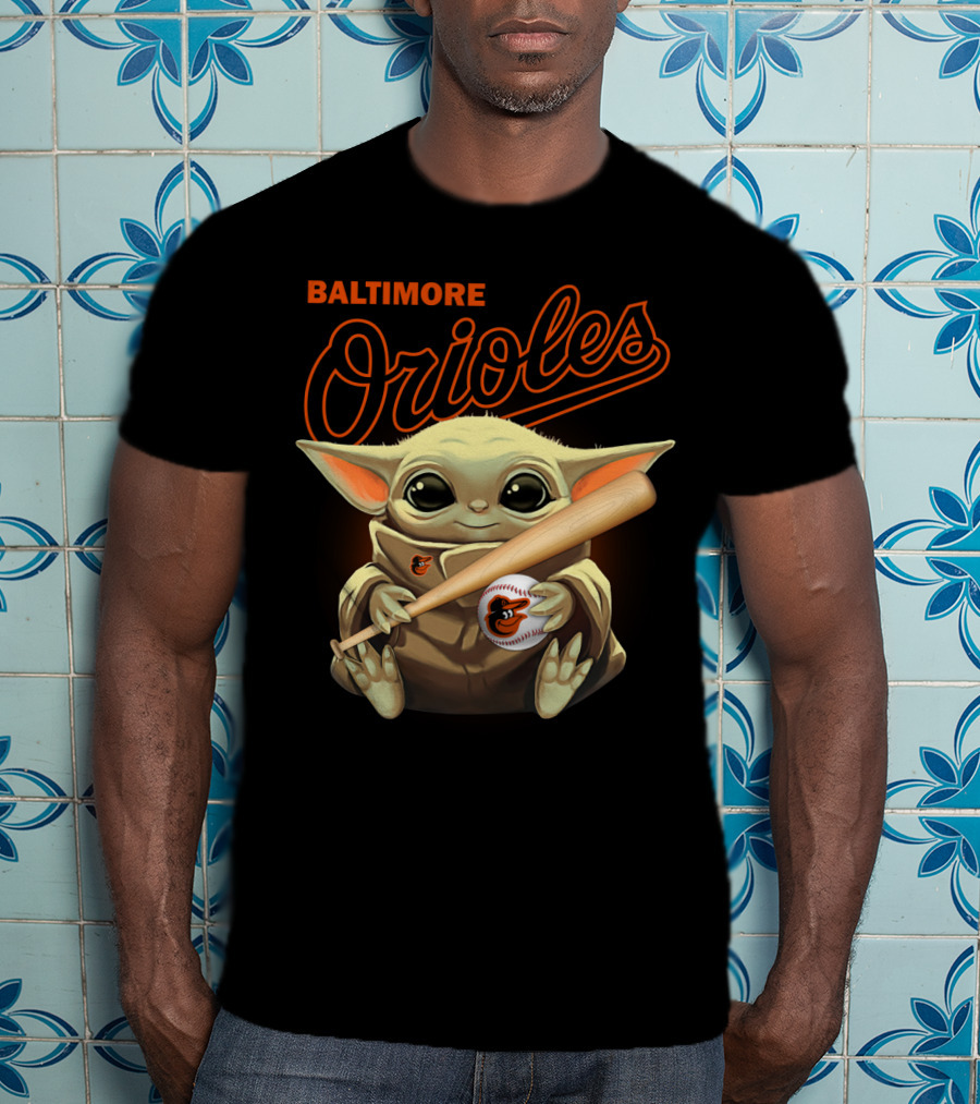 Baltimore Orioles Baby Yoda Holding Baseball And Bat T-Shirt