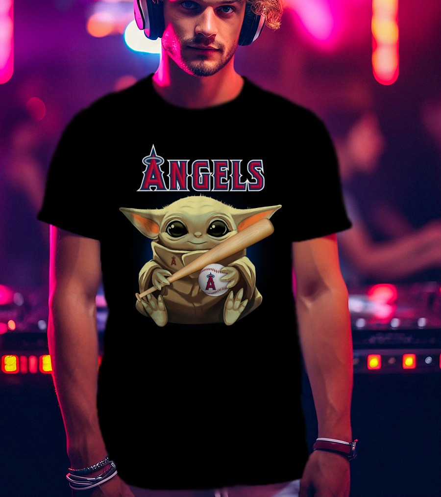 Los Angeles Angels Baby Yoda Baseball Bat Holding T-Shirt