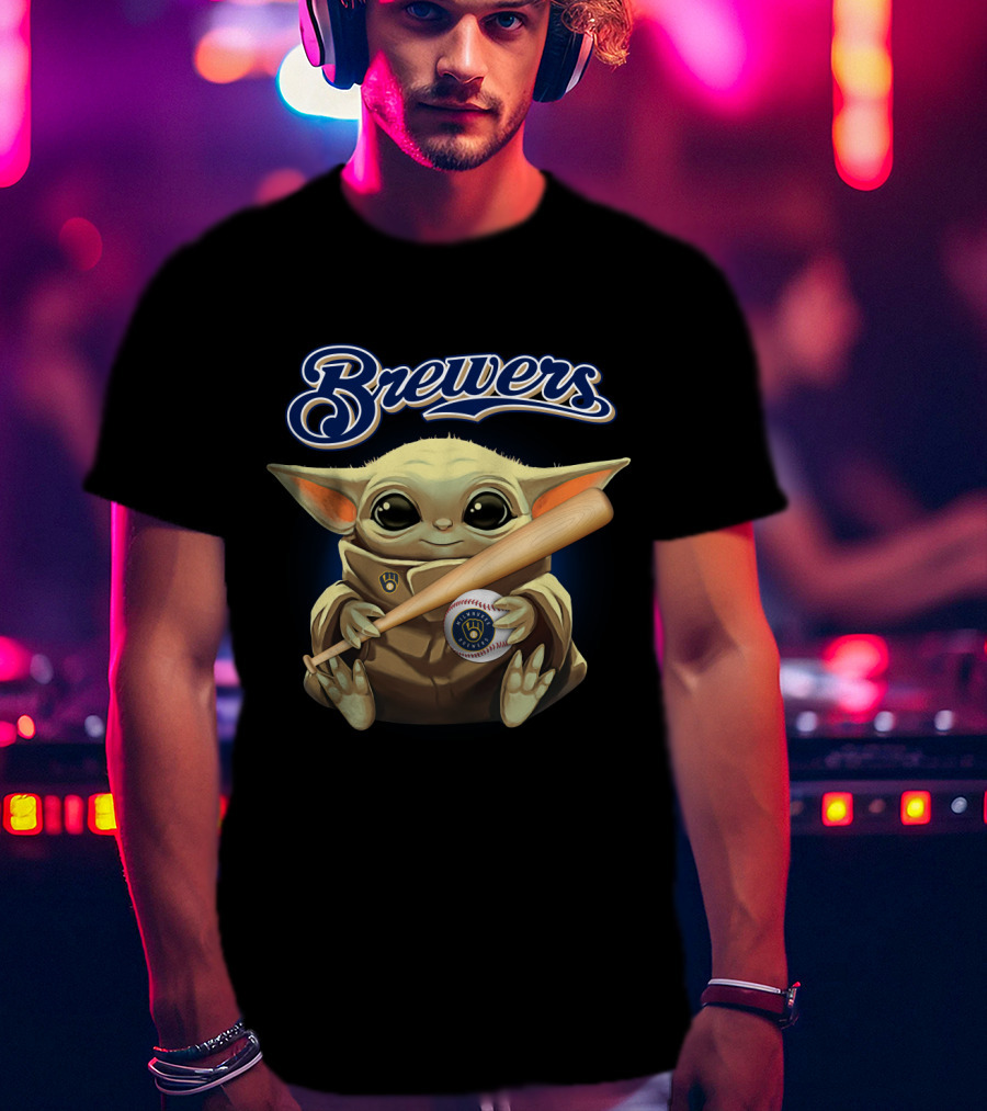 Milwaukee Brewers Baby Yoda Holding Baseball And Bat T-Shirt