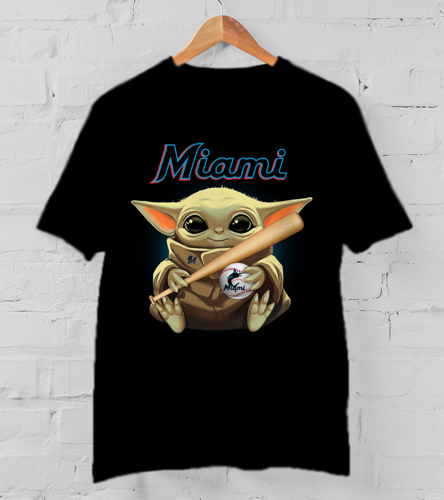 Miami Marlins Baby Yoda Baseball Bat And Ball T-Shirt