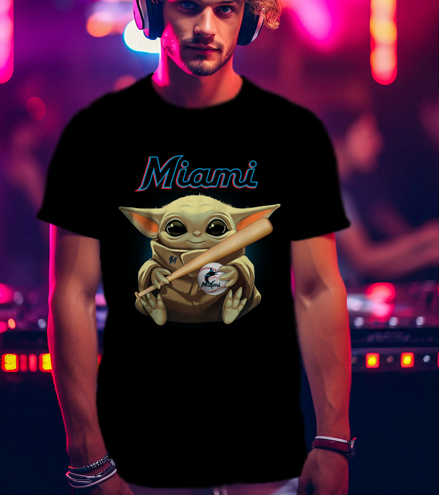 Miami Marlins Baby Yoda Baseball Bat And Ball T-Shirt