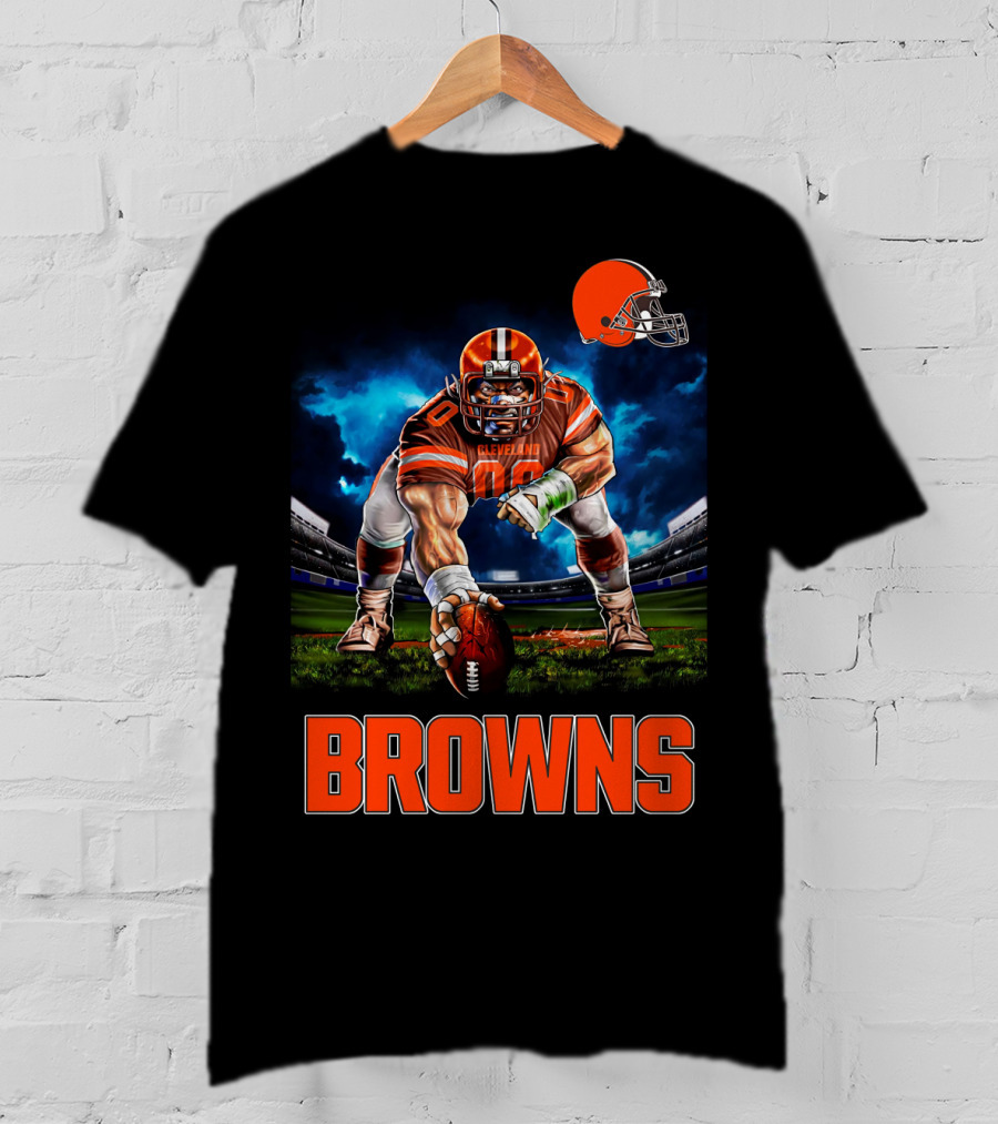 Cleveland Browns Nfl 3 Point Stance Football Player Stadium Scene T-Shirt