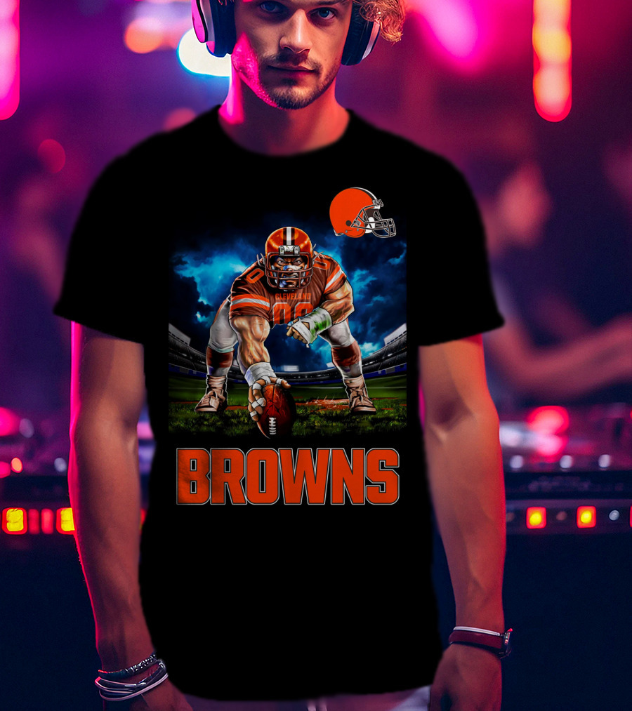 Cleveland Browns Nfl 3 Point Stance Football Player Stadium Scene T-Shirt