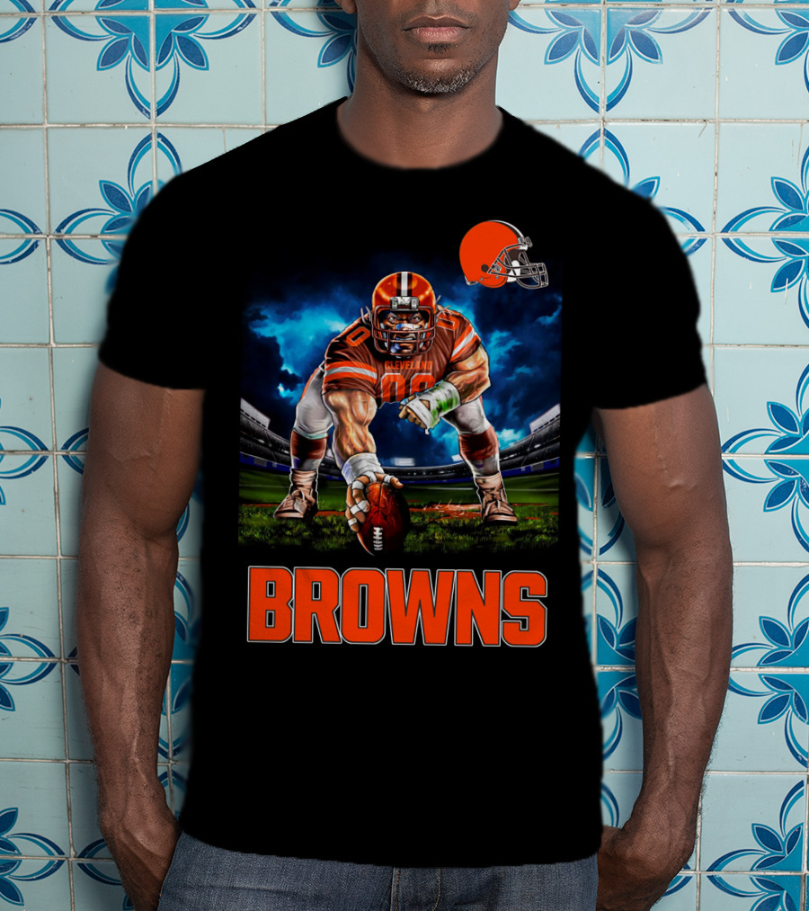 Cleveland Browns Nfl 3 Point Stance Football Player Stadium Scene T-Shirt