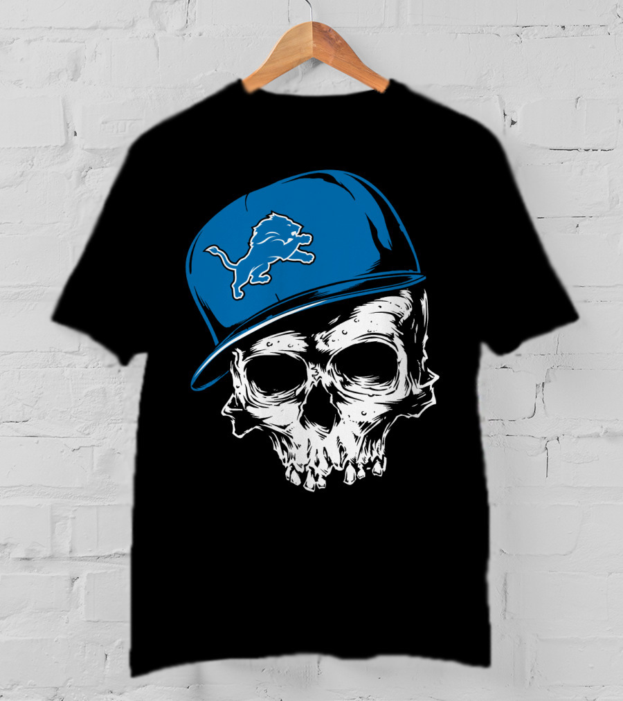 Detroit Lions Skull With Blue Cap Featuring Iconic Team T-Shirt