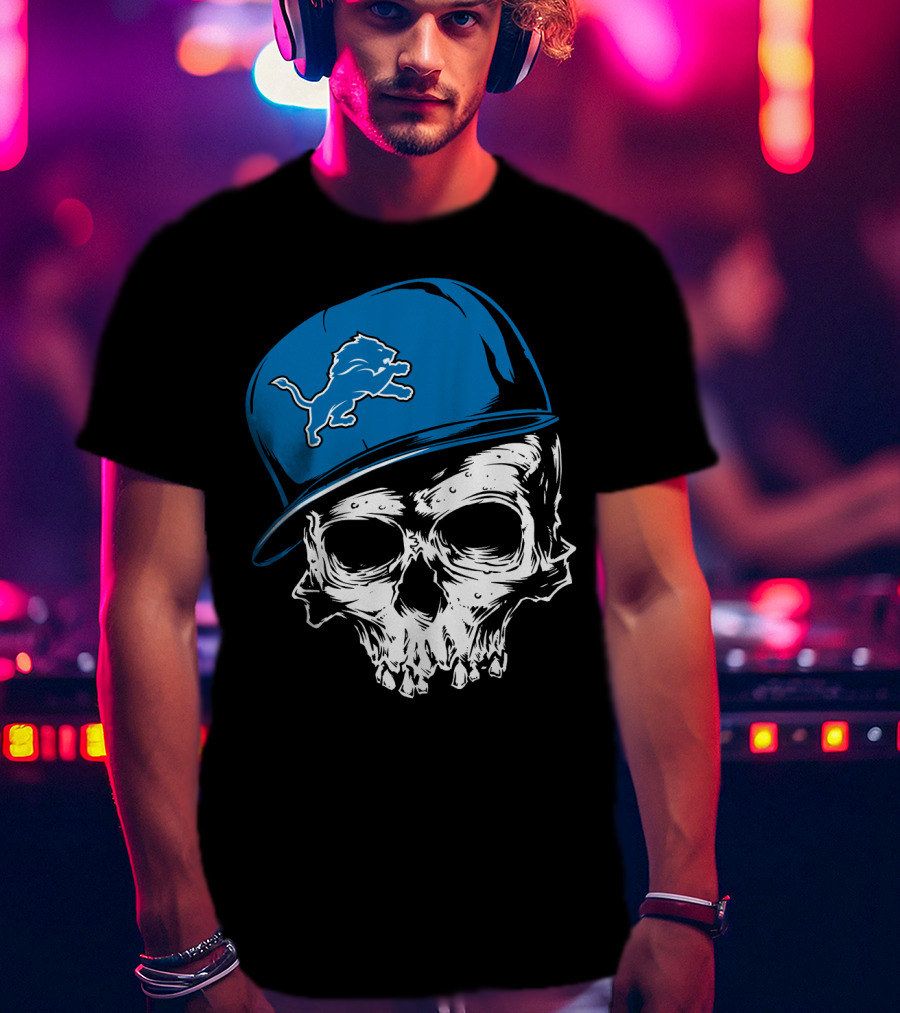 Detroit Lions Skull With Blue Cap Featuring Iconic Team T-Shirt
