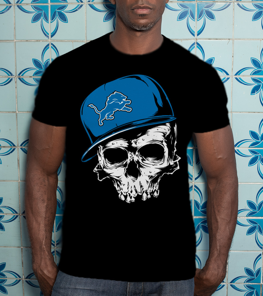 Detroit Lions Skull With Blue Cap Featuring Iconic Team T-Shirt