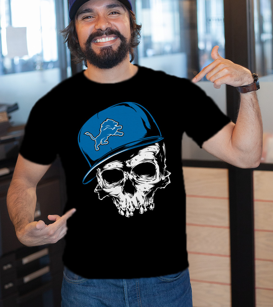 Detroit Lions Skull With Blue Cap Featuring Iconic Team T-Shirt