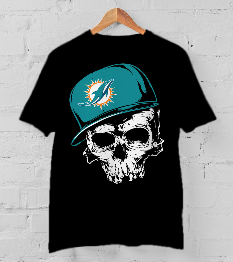 Miami Dolphins Skull With Teal Hat T-Shirt