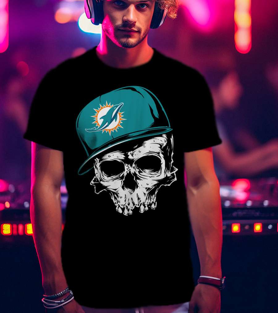 Miami Dolphins Skull With Teal Hat T-Shirt