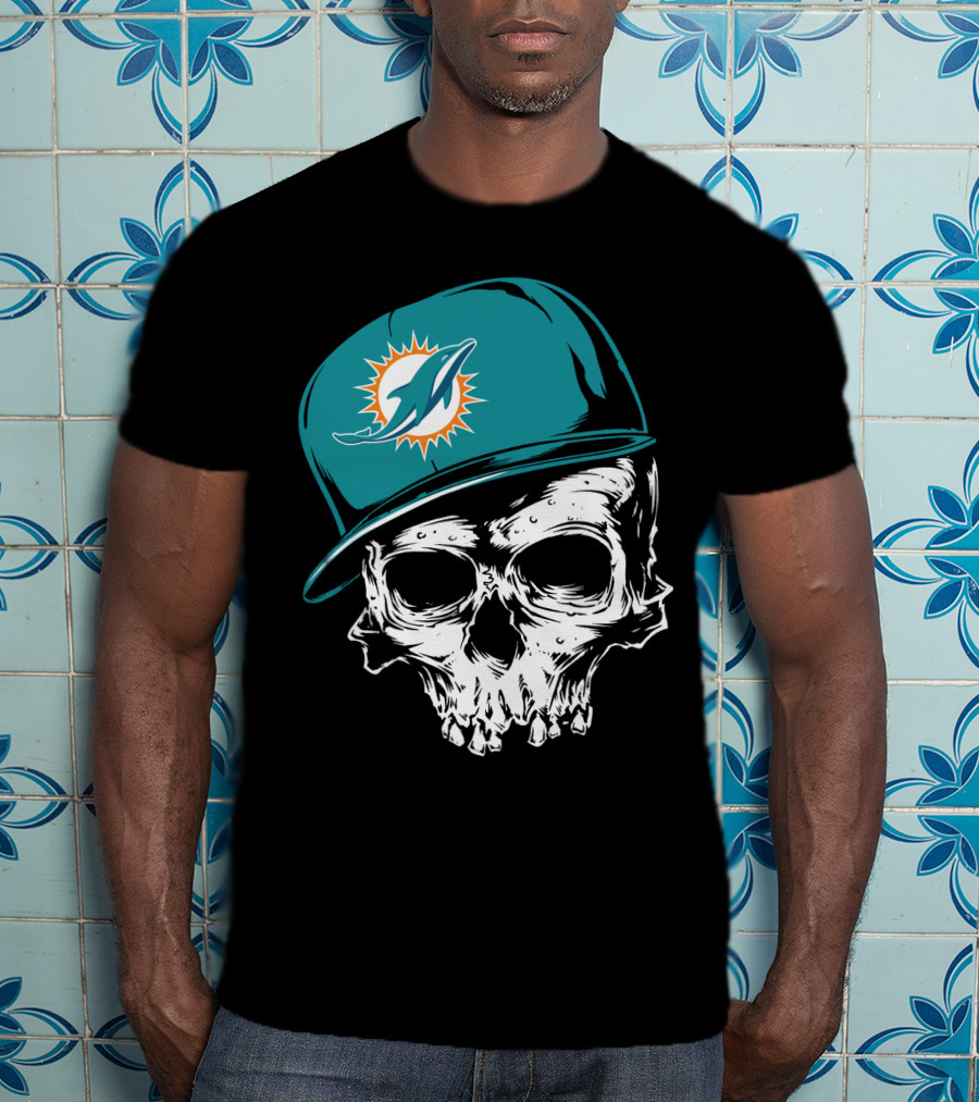 Miami Dolphins Skull With Teal Hat T-Shirt