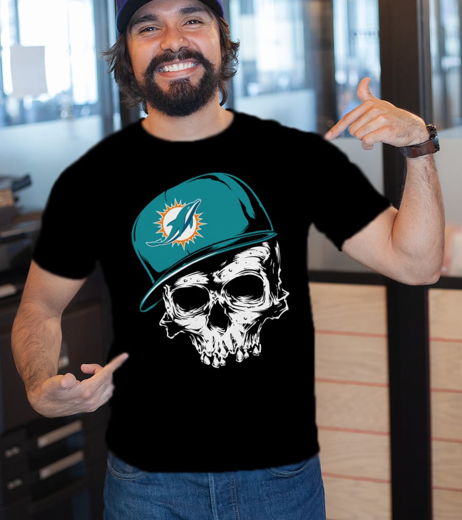 Miami Dolphins Skull With Teal Hat T-Shirt