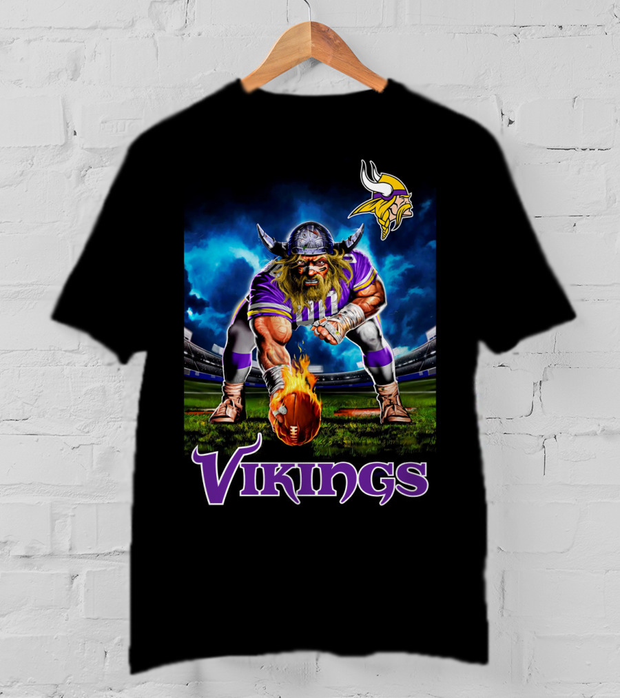 Minnesota Vikings 3 Point Stance Nfl Viking Warrior With Helmet And Football In Stadium Nfl T-Shirt