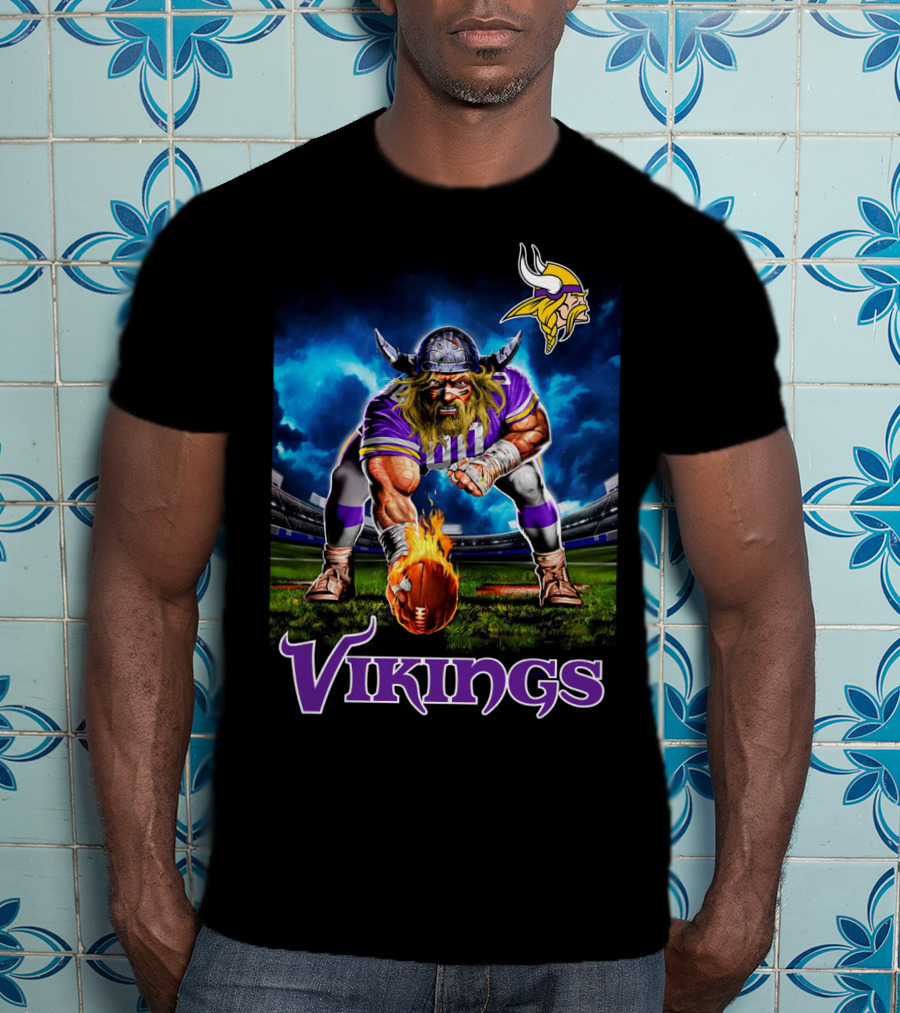 Minnesota Vikings 3 Point Stance Nfl Viking Warrior With Helmet And Football In Stadium Nfl T-Shirt