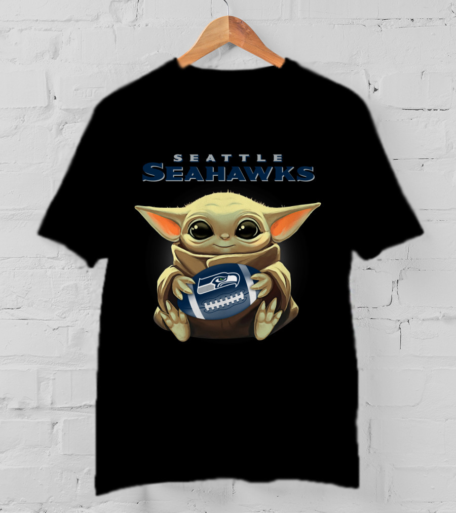 Seattle Seahawks Baby Yoda Holding Seahawks Football T-Shirt