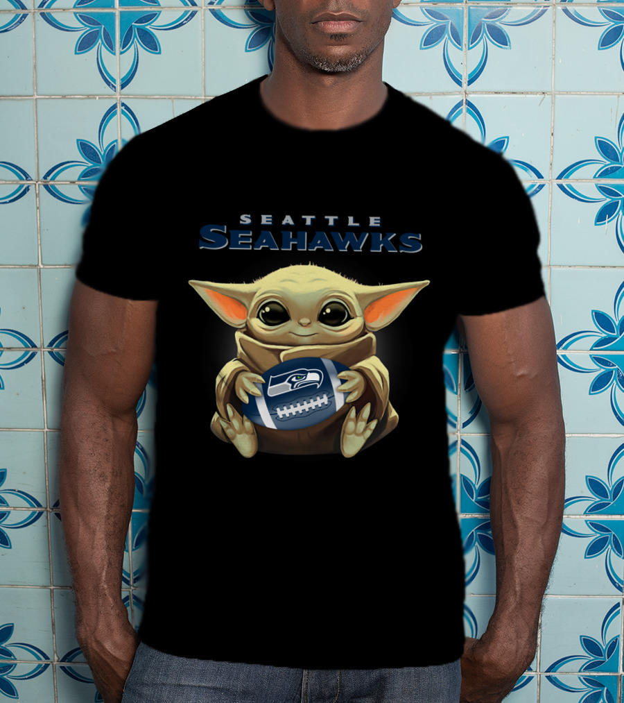 Seattle Seahawks Baby Yoda Holding Seahawks Football T-Shirt