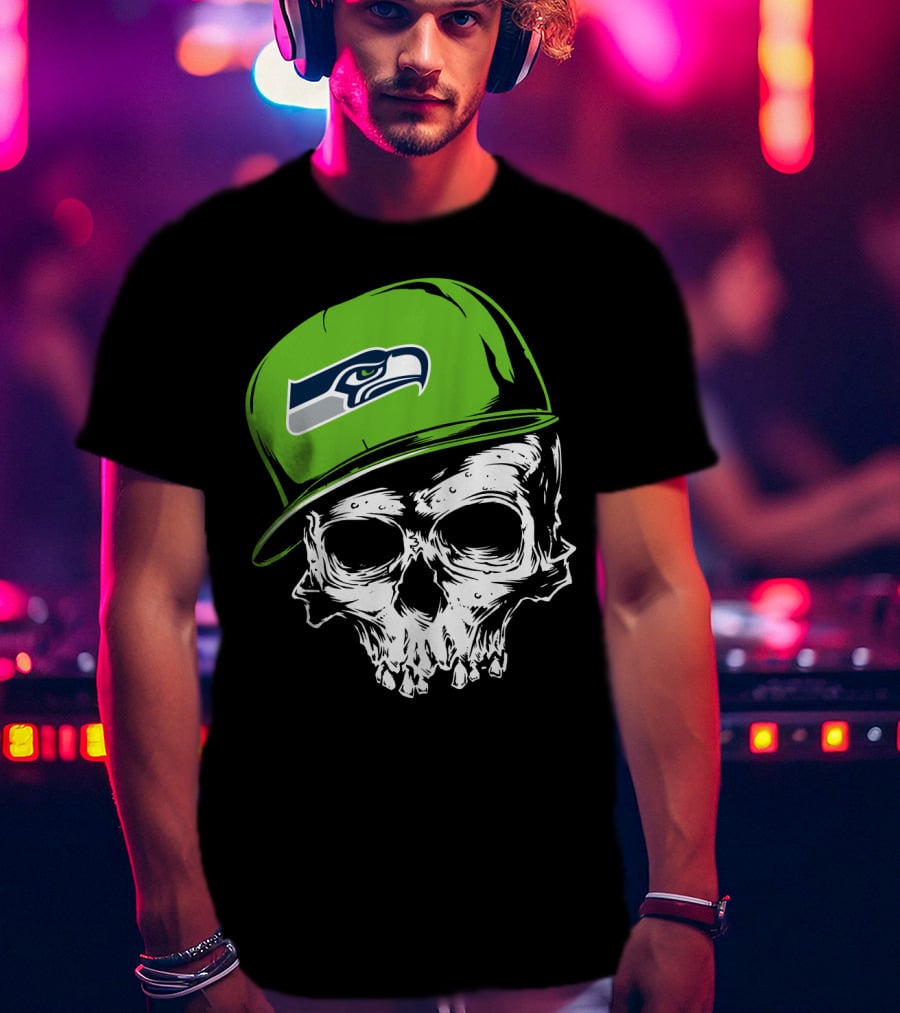 Seattle Seahawks Skull With Green Hat T-Shirt