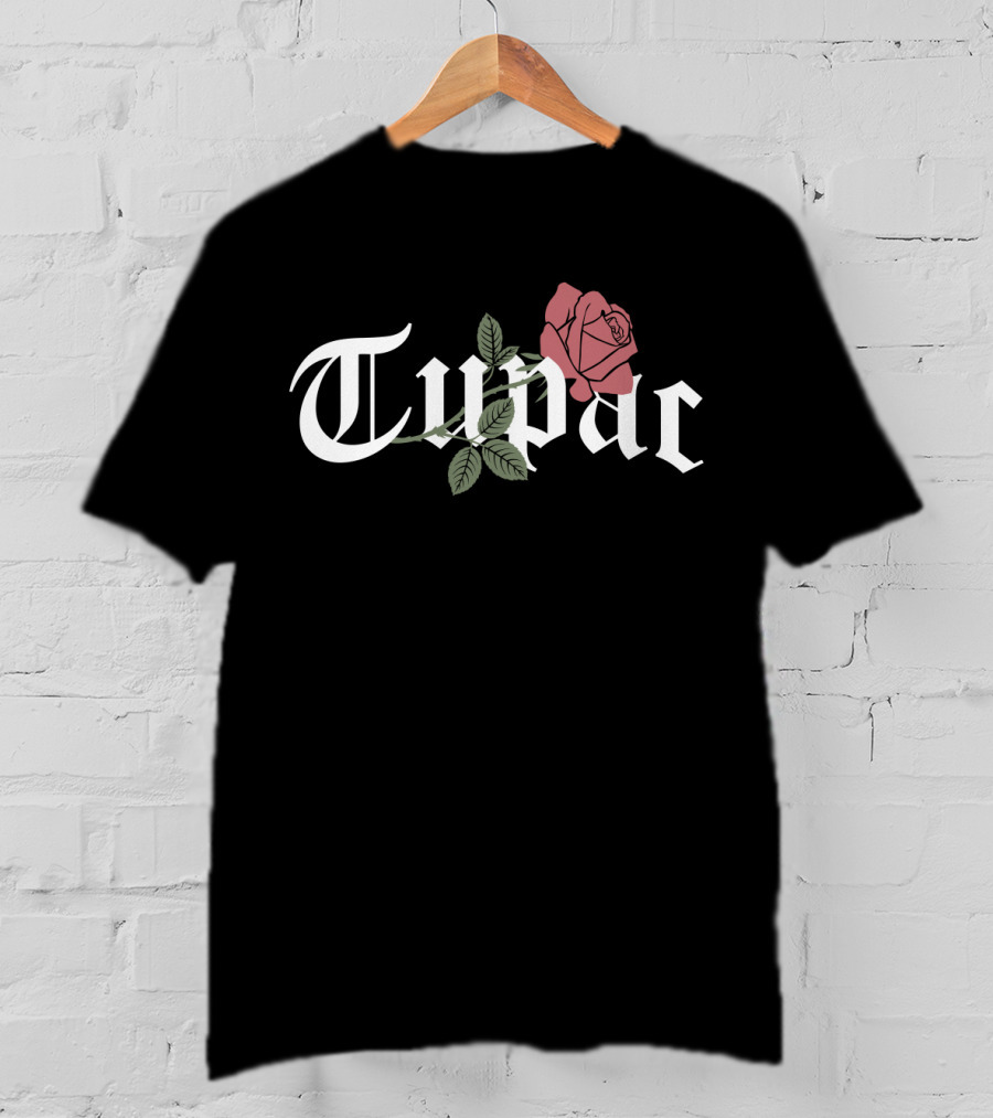 Tupac Gothic Font With Rose T-Shirt