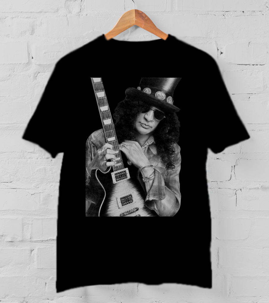 Guns N' Roses Slash With Guitar Iconic Black And White T-Shirt