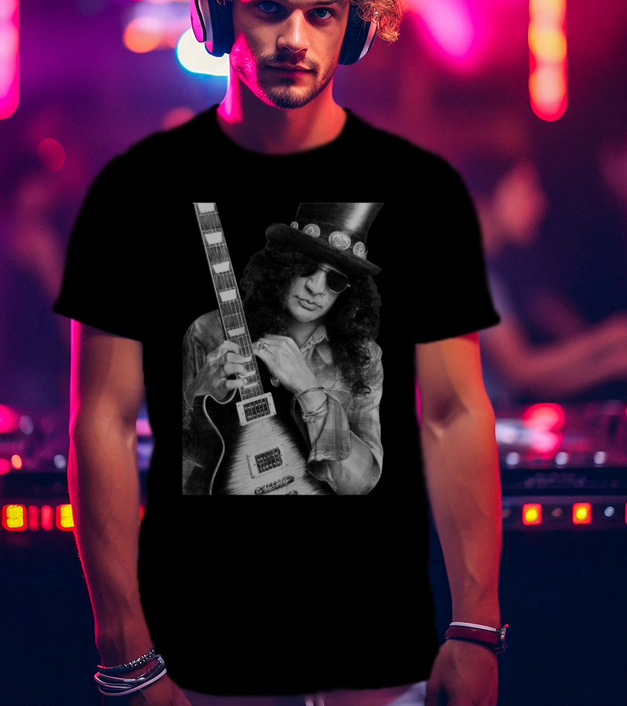 Guns N' Roses Slash With Guitar Iconic Black And White T-Shirt